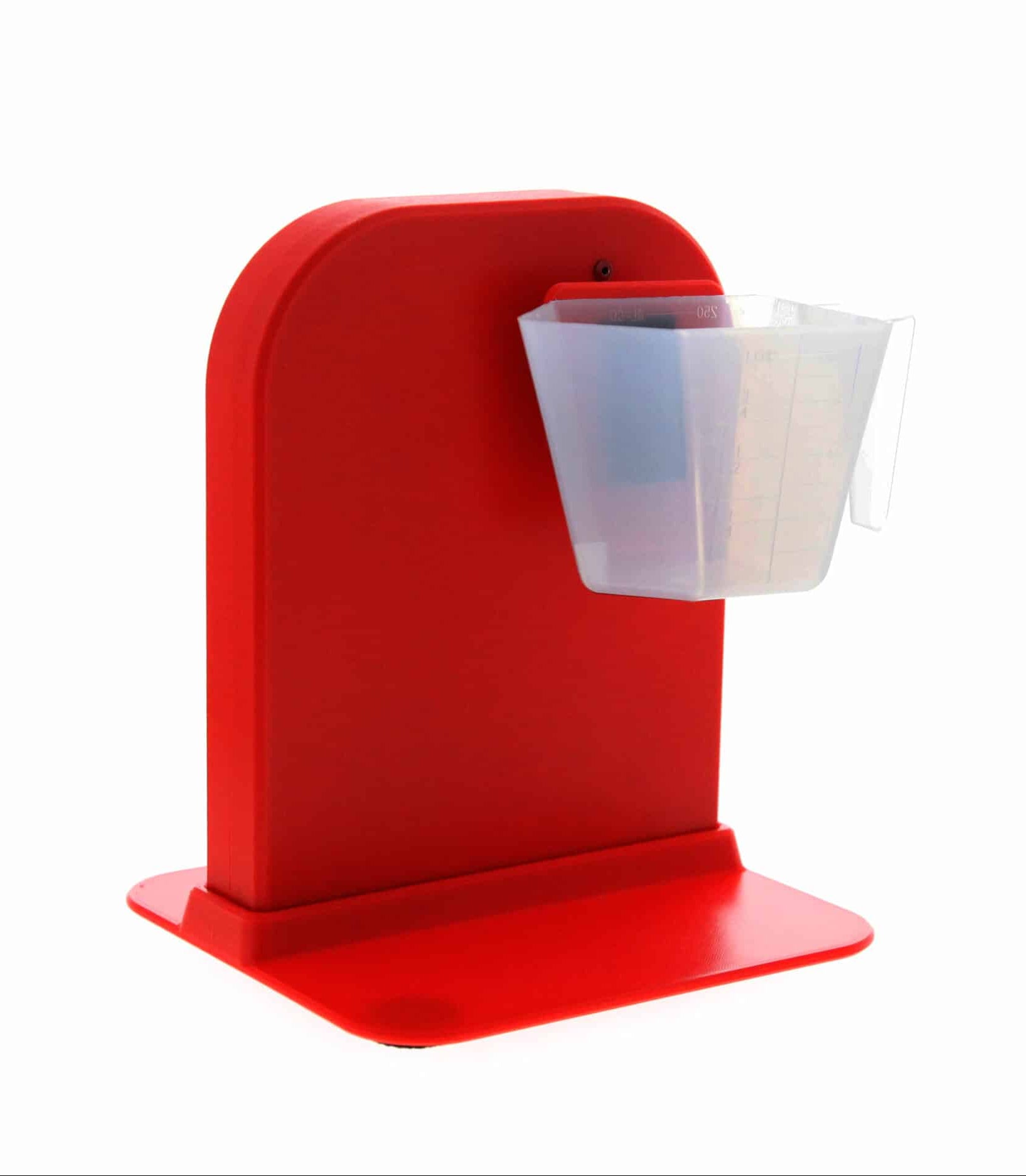 Red coffee filter holder with a white filter on a white background. Special Needs Computers.