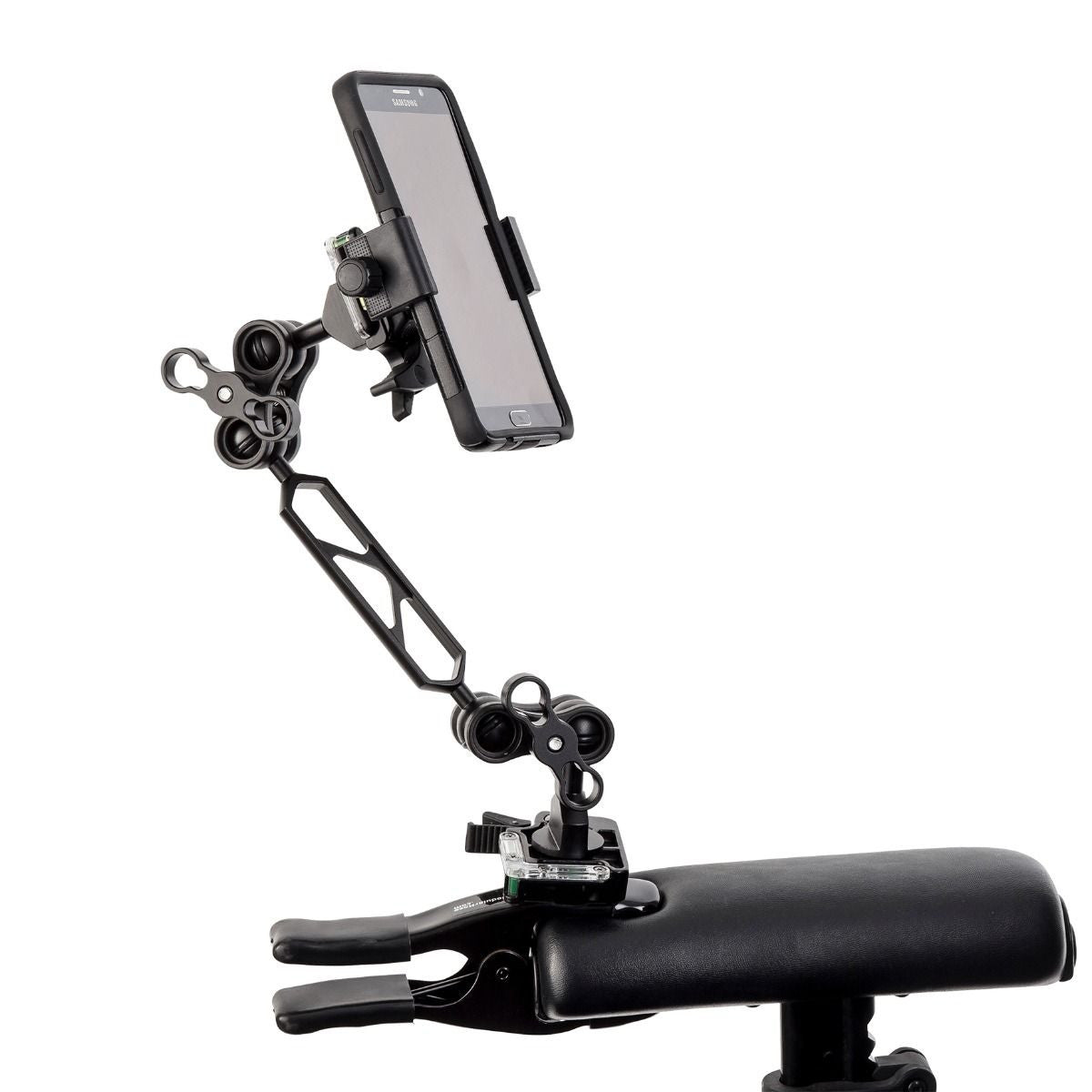 mogo Spring Clamp with QuickClick Attached to wheelchair arm