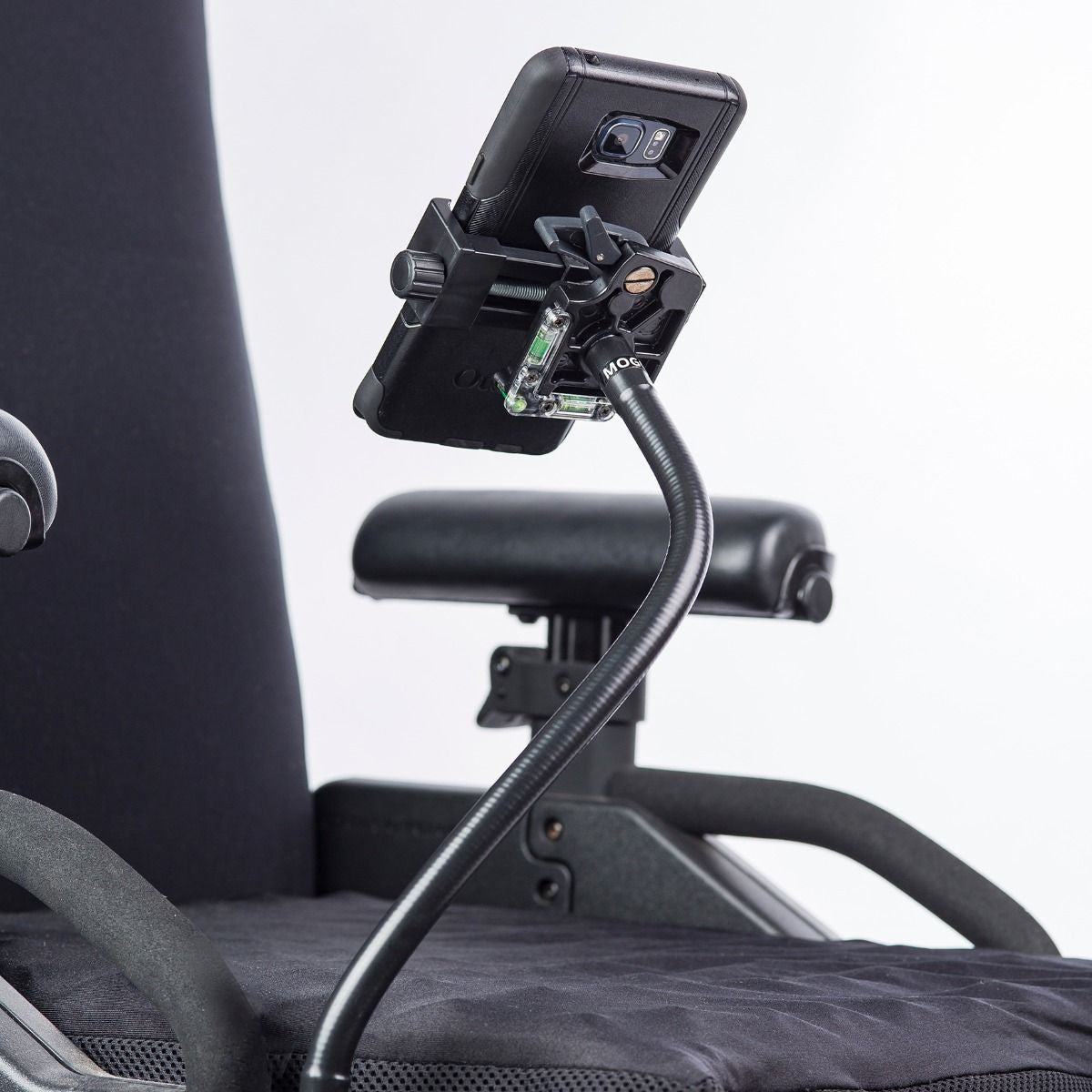 mogo flexible steel medium arm attached to wheelchair holding iphone