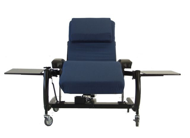 A medical-style reclining chair with a padded blue seat and backrest, black metal frame, side trays, and caster wheels, shown on a plain white background. Zero Gravity Office Chair 1 Special Needs Computers