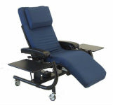 A blue padded reclining massage chair with side tables and caster wheels, shown on a plain white background. Zero Gravity Office Chair 1 Special Needs Computers