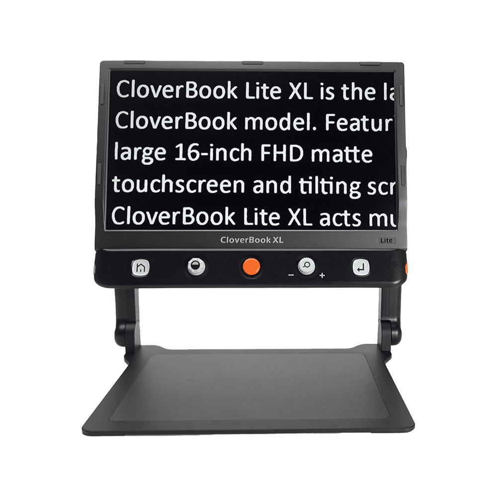 A CloverBook Lite XL LCD monitor with an adjustable stand, shown against a plain white background. The screen displays white text on a black background, and the base has a matte black finish. Special Needs Computers