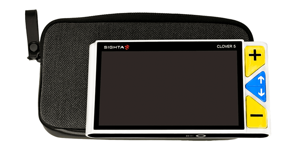 Clover 5 handheld GPS device with a black screen and yellow side buttons, shown in front of its black zippered carrying case on a solid green background. Clover 5 Special Needs Computers.