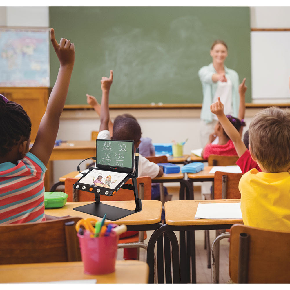 CloverBook PRO 12.5" FHD Touchscreen Portable Video Magnifier with Distance Camera - 3 student classroom