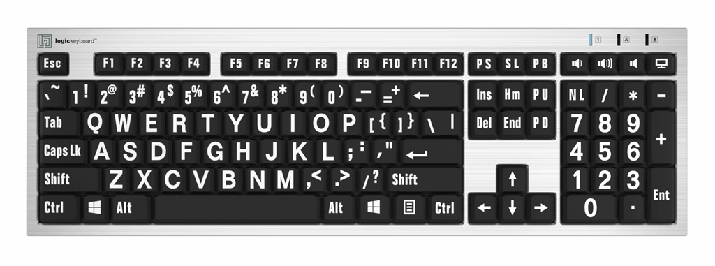 Large Print - White on Black Silver Slimline Keyboard – Windows US English Special Needs Computers - 1