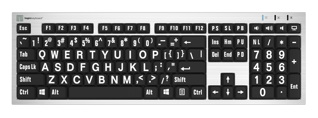 Large Print - White on Black Silver Slimline Keyboard – Windows US English Special Needs Computers - 1