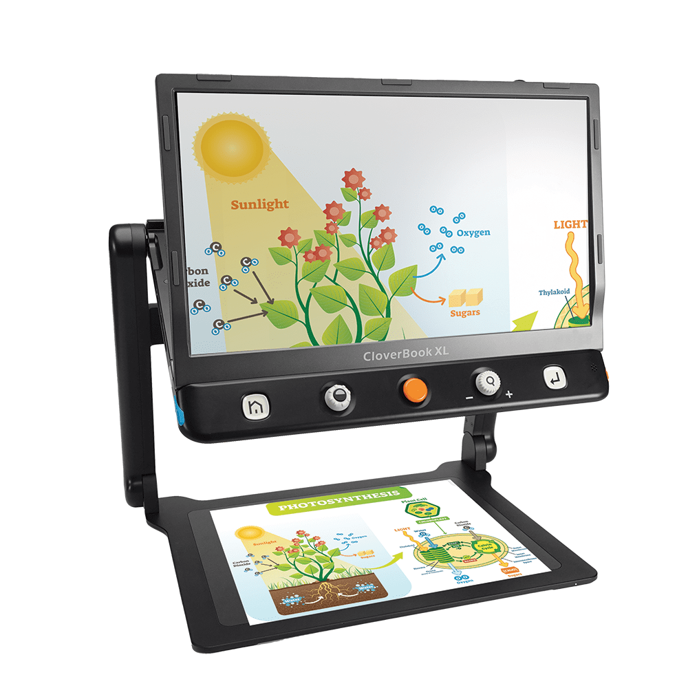 CloverBook XT interactive educational tablet with a large front-facing display and a hinged lower flip-out screen, shown on a white background. The screens display a photosynthesis lesson with illustrated sun, flowers, and plant parts. CloverBook XL Special Needs Computers in Canada.