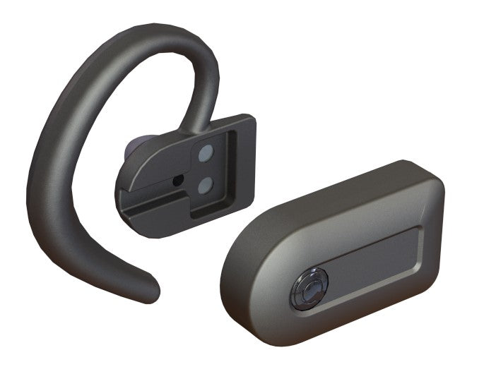 A pair of dark gray wireless earbud-style accessories shown on a plain white background, including a curved ear hook with a mounting plate and a rectangular receiver unit with a small circular detail.