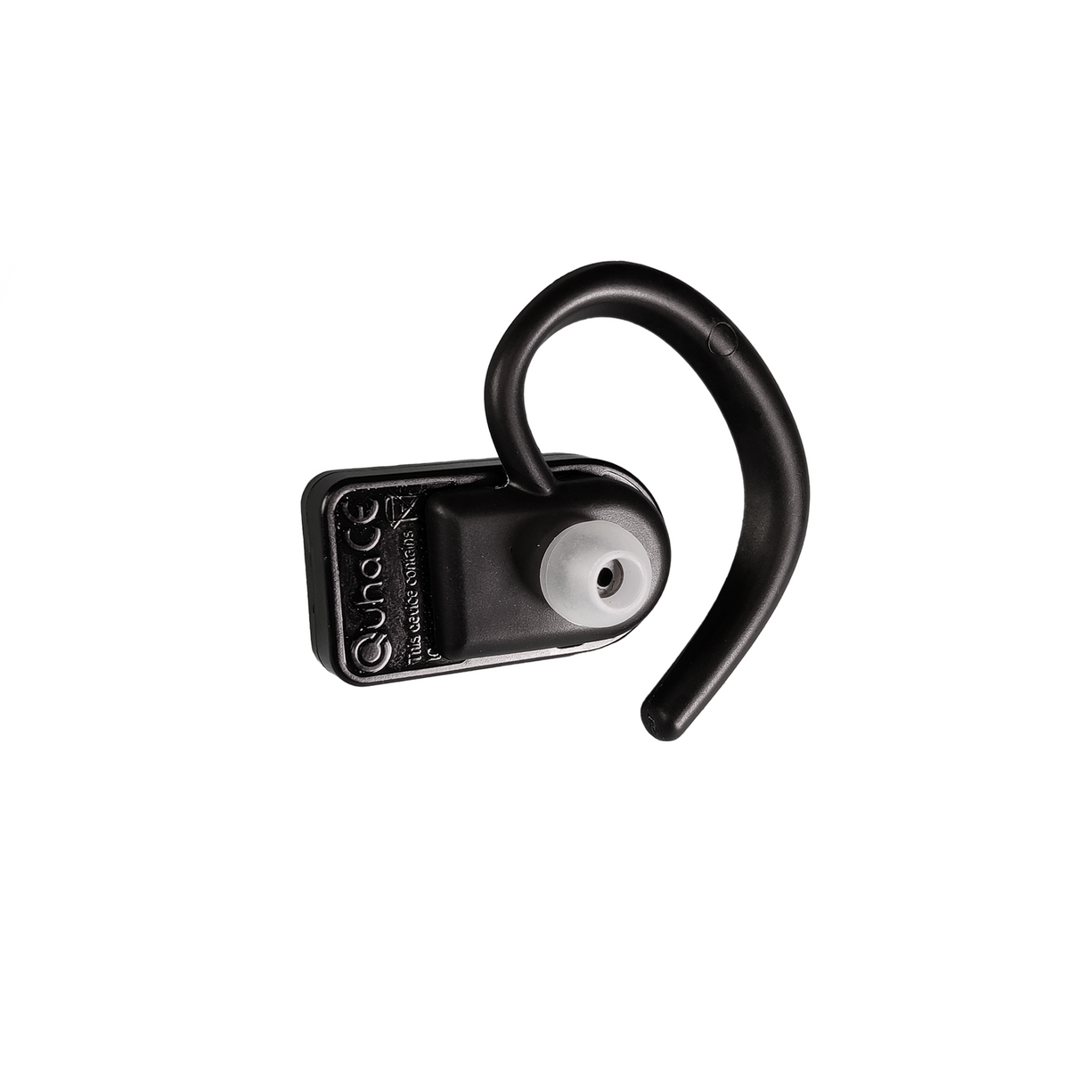 A black wireless earbud with a curved hook earpiece and a rectangular battery pack, shown on a plain white background. The brand name 'Guna' is embossed on the battery pack.