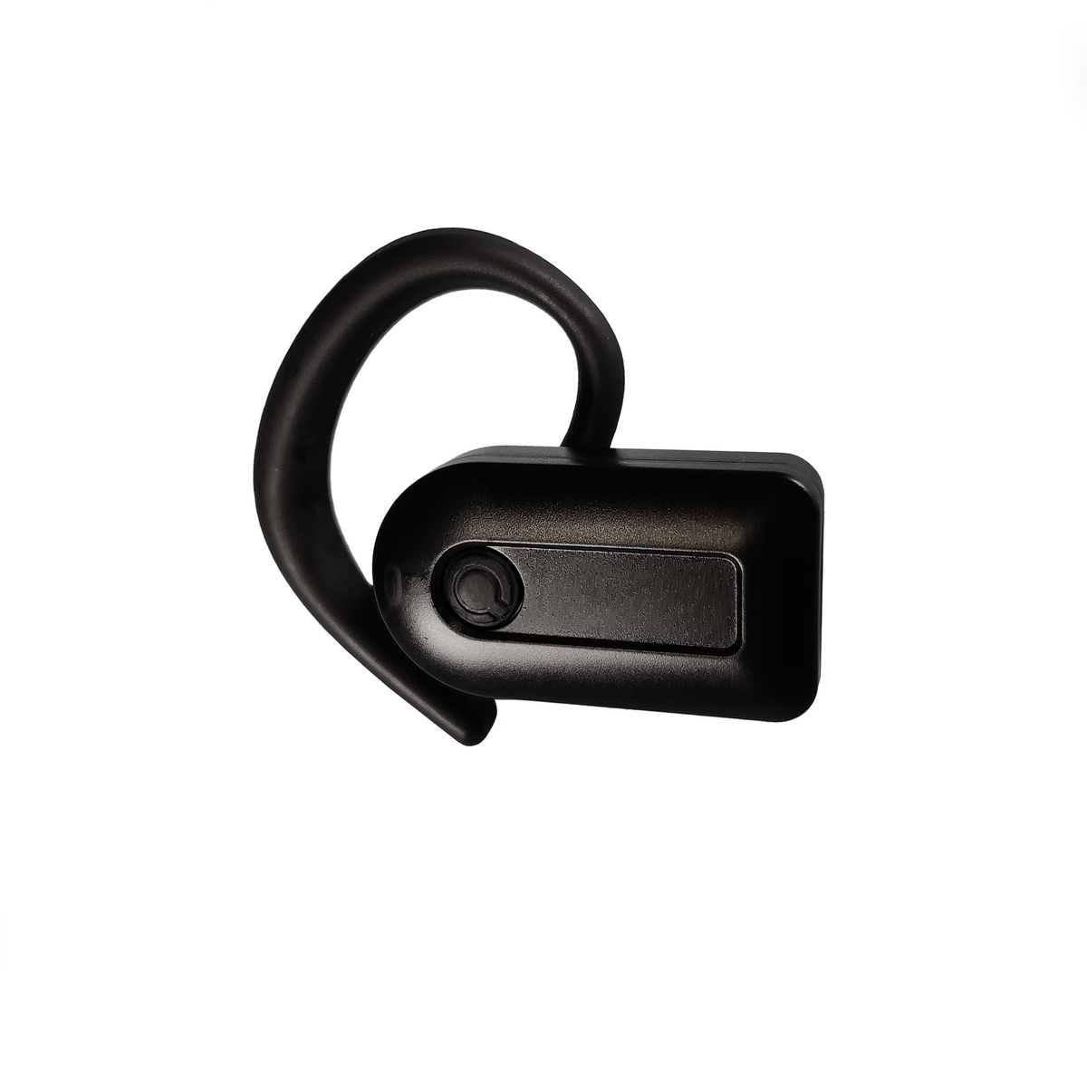 A single black wireless earbud with an over-ear hook design, shown from a side profile on a solid white background.