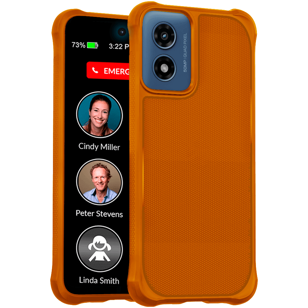Orange phone case with a screen displaying contact names and icons on a black background