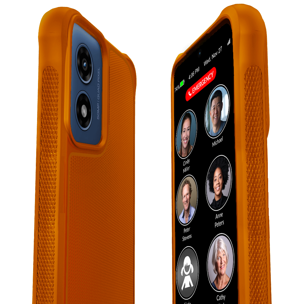 Orange phone case with a screen displaying contact icons on a white background