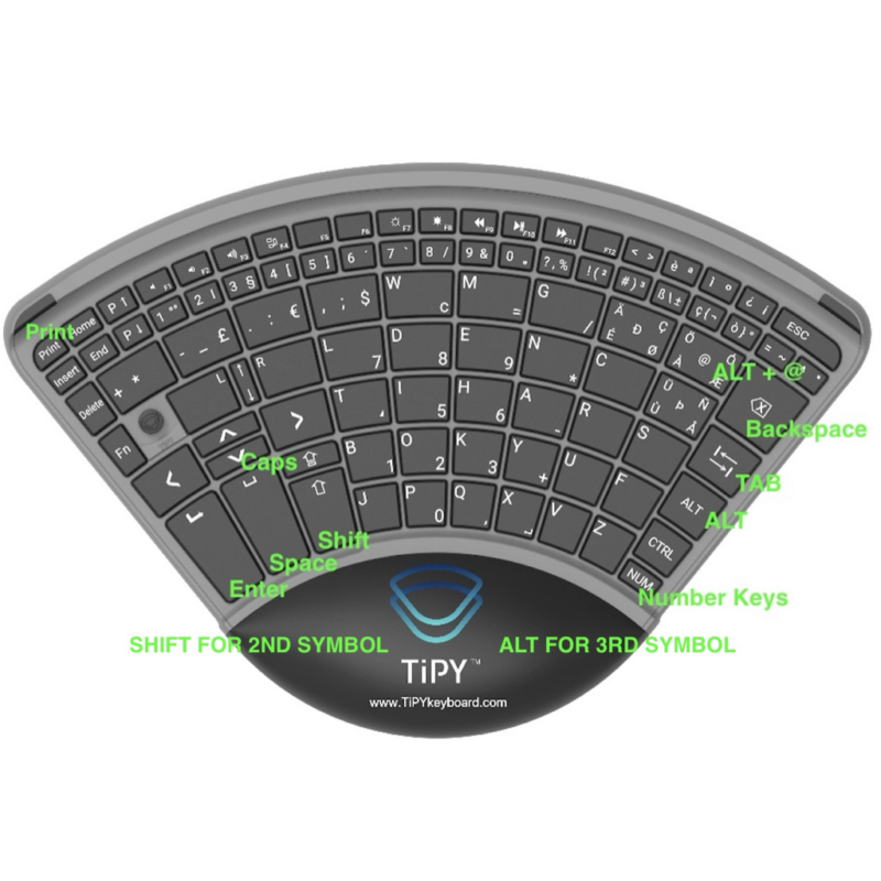 A curved wireless keyboard with a black and gray design, featuring a black wrist rest with the TIPY logo. Green text labels point to various key zones such as Print, Caps, Shift, Enter, and Number Keys on a white background.
