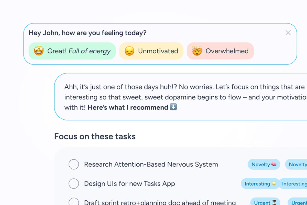 Chat interface with emotional response options and recommended tasks on a white background