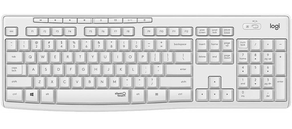 Logitech wireless keyboard in white with a compact layout, shown from a top-down perspective on a white background. Keyboard only shown for display - Keyboard NOT included. Special Needs Computers in Canada.