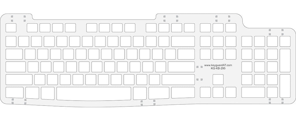 A white translucent keyboard keycap sheet or replacement keycap layout shown from above on a white background, with a small printed website and phone number near the center-right. Logitech K295 Keyboard Keyguard in Canada. Special Needs Computers.
