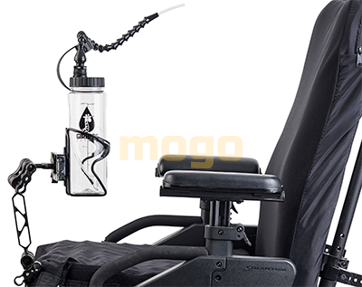 mogo Bottle Holder with QuickClick Attached to Wheelchair Holding Waterbottle