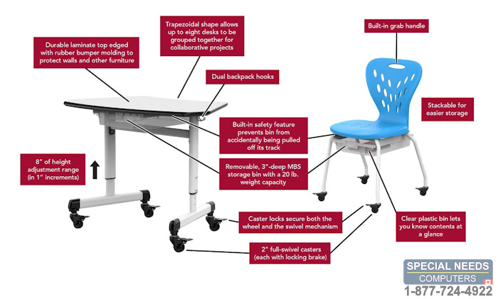 Height-Adjustable Trapezoid Student Desk with Drawer