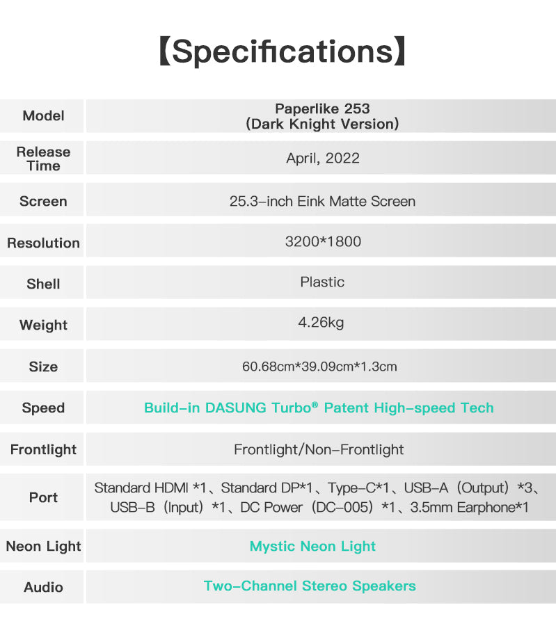 Paperlike 253 Frontlight (Dark Knight Version) Specifications