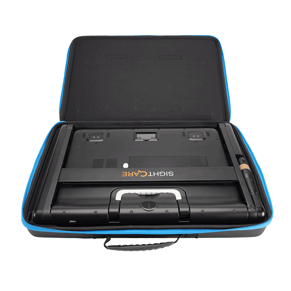 An open black hard carrying case with a bright blue zipper border, containing a black Sight Care device and accessories on a white background. CloverBook XL Special Needs Computers in Canada.