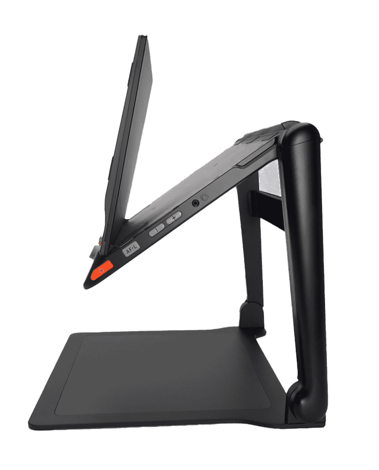 A black tablet stand with an adjustable, hinged design that supports a tablet at an angle, shown from a side profile view against a solid white background. Special Needs Computers.