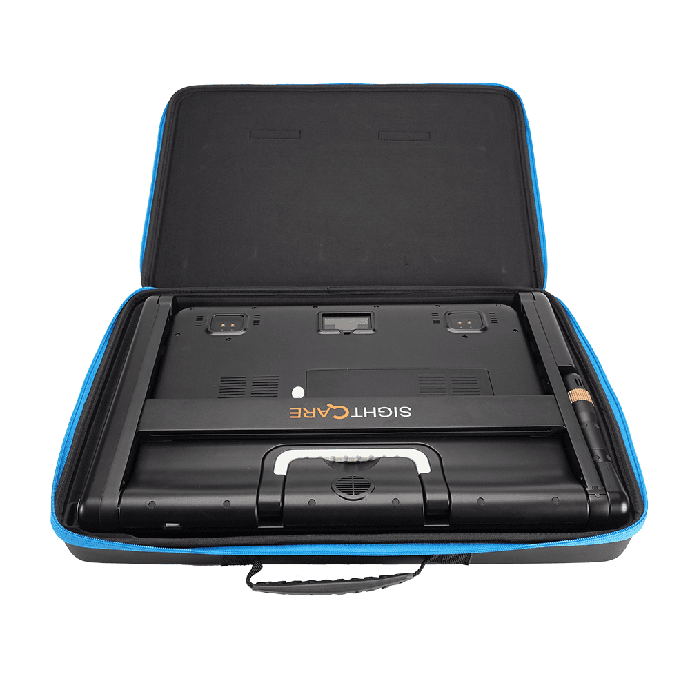An open black hard carrying case with a bright blue zipper border, containing a black Sight Care device and accessories on a white background. CloverBook XL Special Needs Computers in Canada.