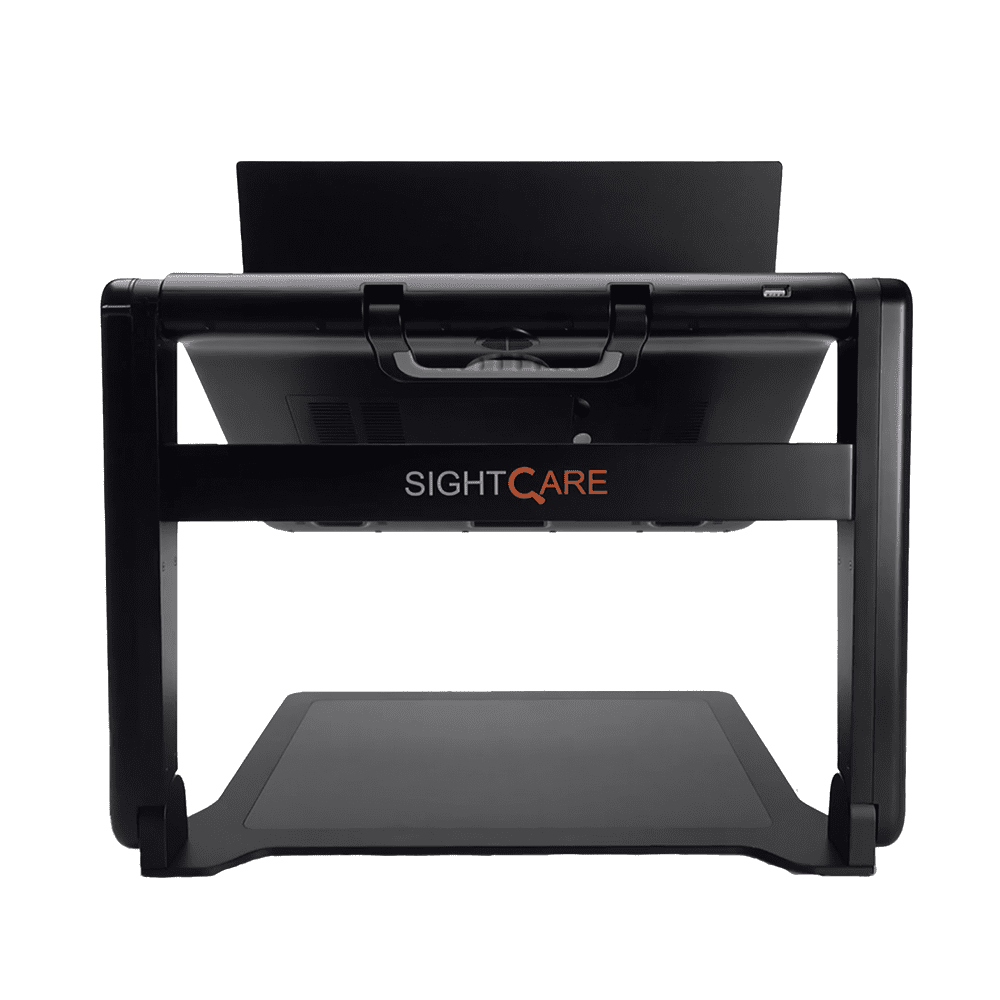 A black SIGHTCARE ergonomic monitor stand with an adjustable top arm, a lower support tray, and a small orange logo on the front, shown against a plain white background. Special Needs Computers.