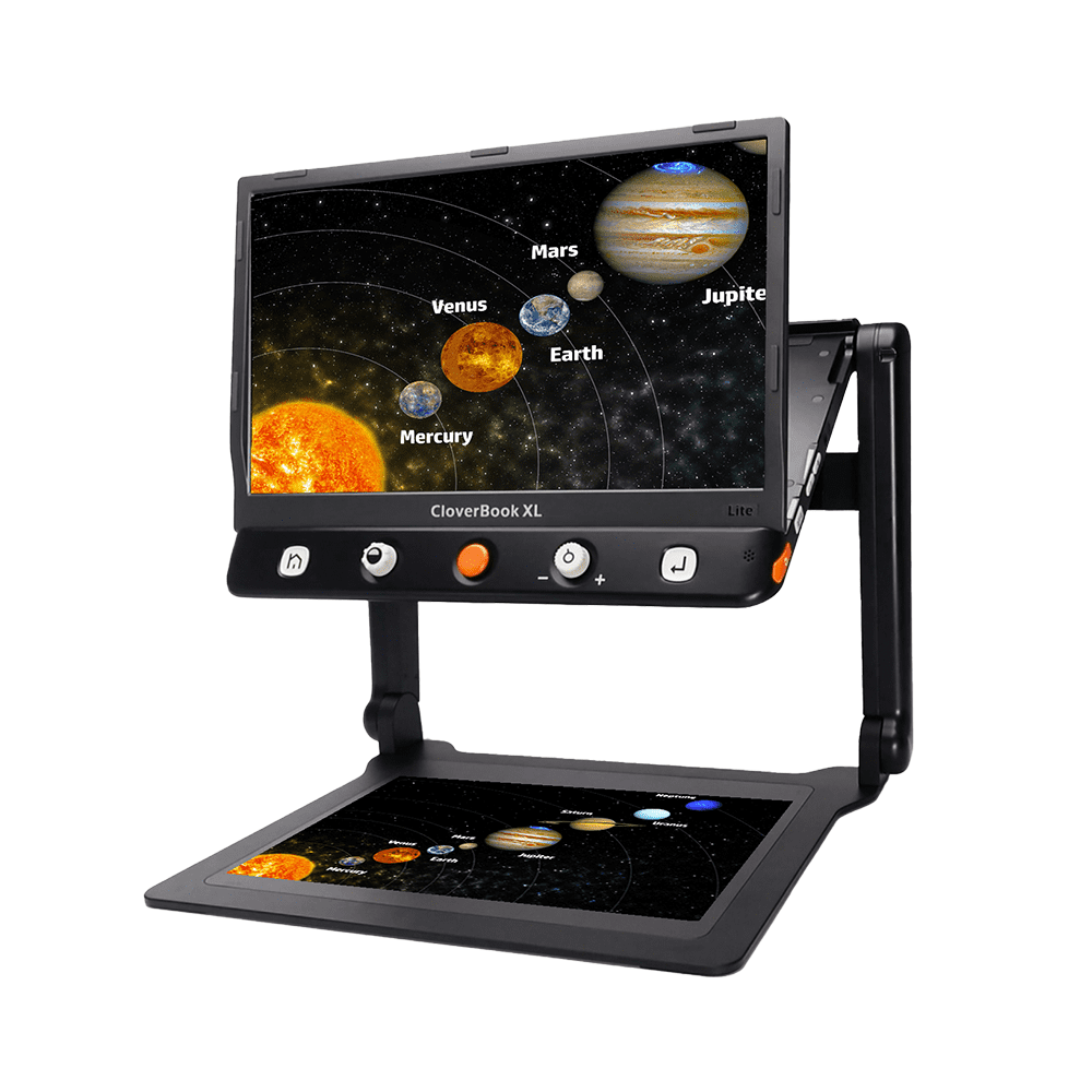 Digital magnifier with solar system display on a white background. Special Needs Computers.