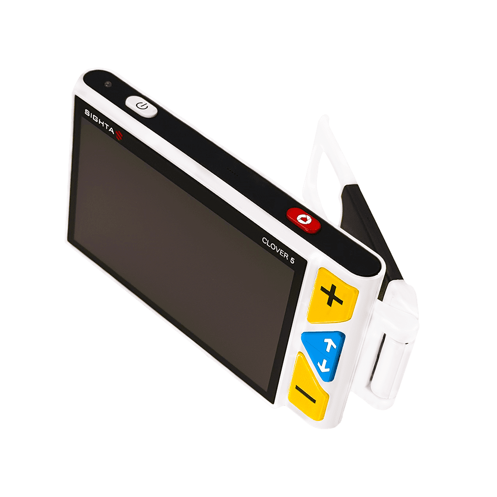 A handheld digital video monitor device with a black screen, white casing, and yellow, blue, and red control buttons, shown on a solid green background. Clover 5 Special Needs Computers.