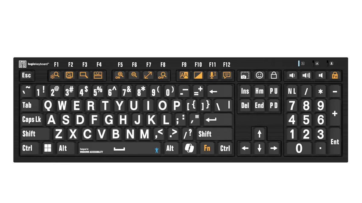 Logistickeyboard Windows Accessibility - NERO Slimline Keyboard White on Black- 1