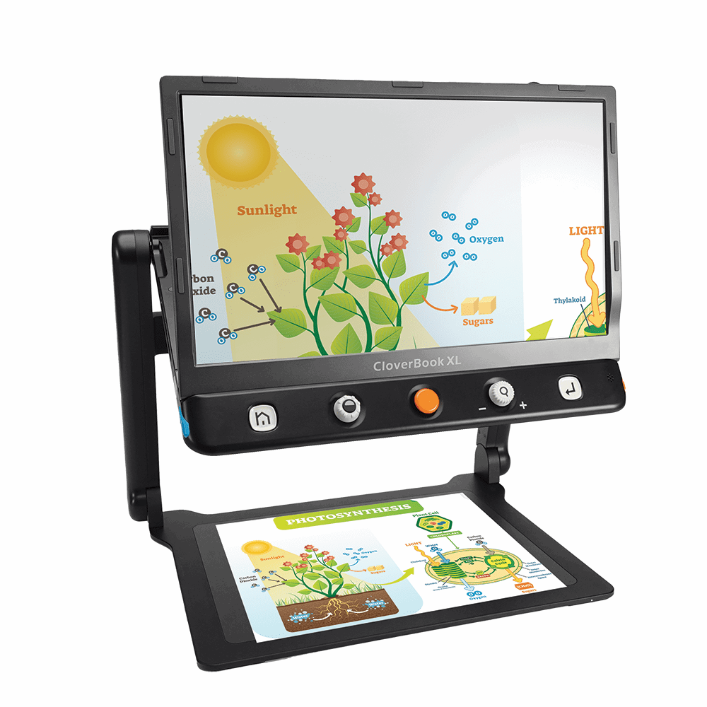 CloverBook XT interactive educational tablet with a large front-facing display and a hinged lower flip-out screen, shown on a white background. The screens display a photosynthesis lesson with illustrated sun, flowers, and plant parts. CloverBook XL Special Needs Computers in Canada.