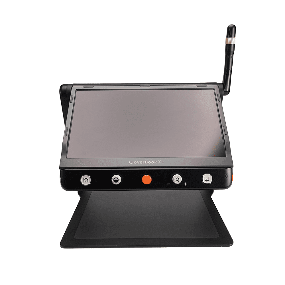A CloverBook XL handheld tablet with a black bezel, screen, and stand, featuring a black antenna on top and a small orange power button on the front, shown against a plain white background. CloverBook XL Special Needs Computers in Canada.
