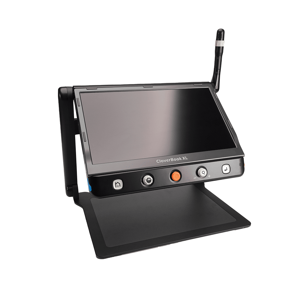 A CloverBook XL laptop on a black keyboard tray stand with an upright antenna, shown against a plain white background. CloverBook XL Special Needs Computers in Canada.