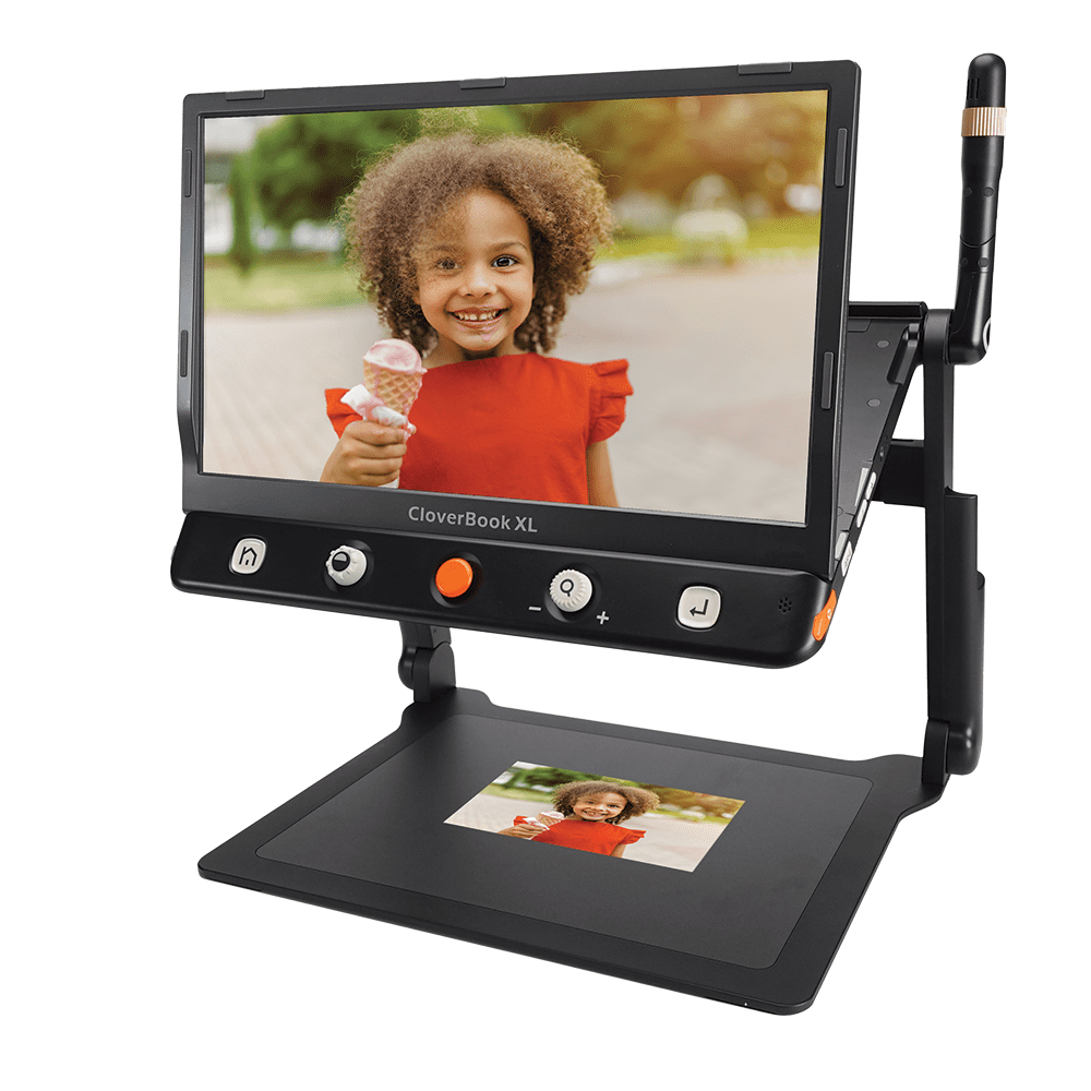 CloverBook XL device displaying a child with an ice cream cone on a screen.  CloverBook XL Special Needs Computers in Canada.