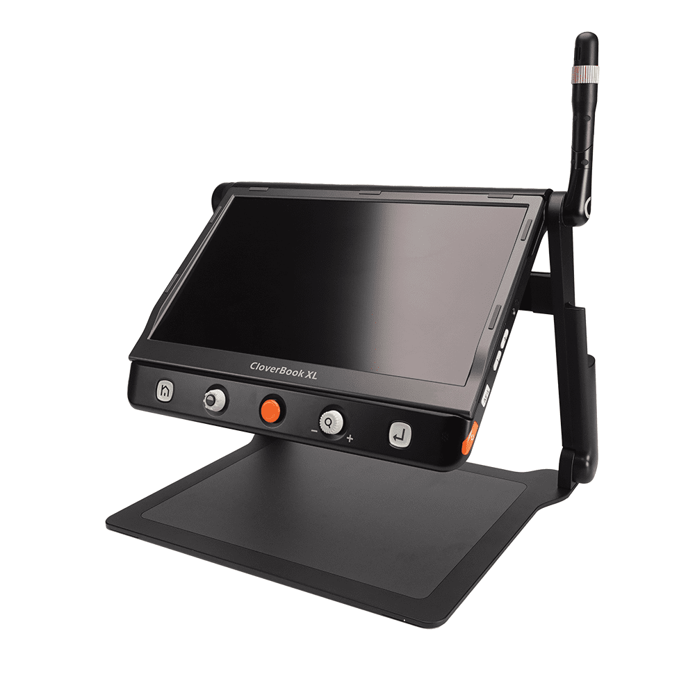 A black CoverBook XL digital microscope stand with an angled screen, control buttons, and a vertical antenna, shown on a plain white background. CloverBook XL Special Needs Computers in Canada.
