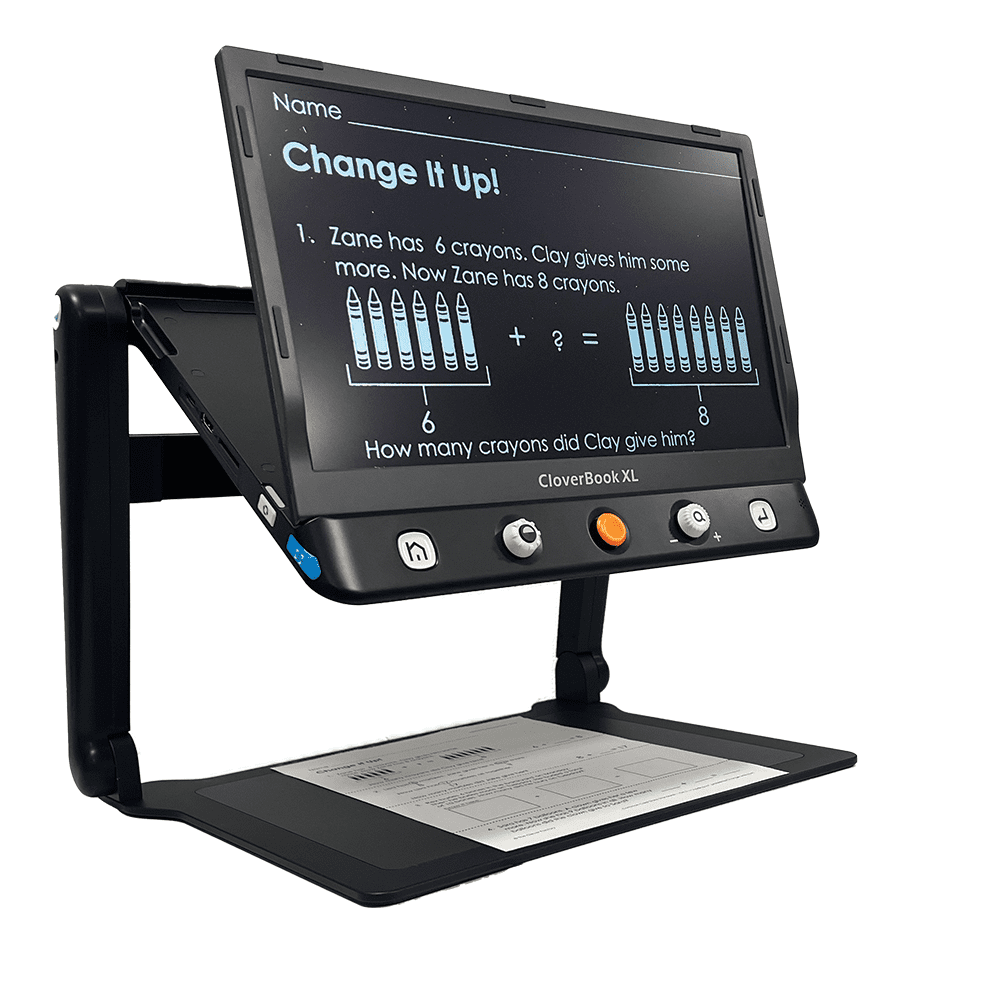 A black CloverBook XL digital tablet on a matching adjustable stand, shown against a solid white background. The screen displays a math educational app. CloverBook XL Special Needs Computers in Canada.