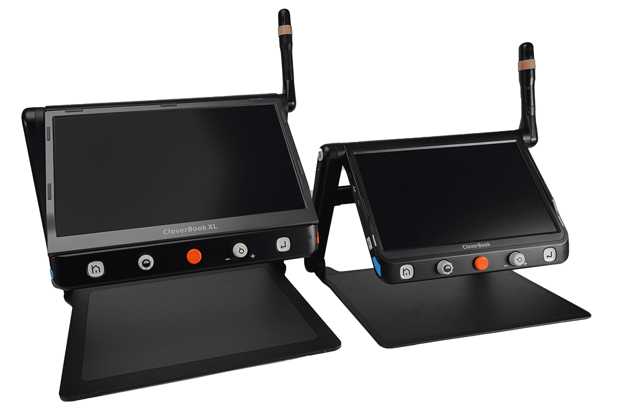 Two black CloverBook-ZX wireless display boxes with adjustable stands and antennas, shown on a plain white background. CloverBook XL Special Needs Computers in Canada.
