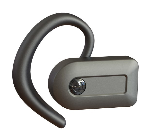 A dark gray wireless earbud with a curved hook earpiece and a rectangular body, shown on a plain white background.