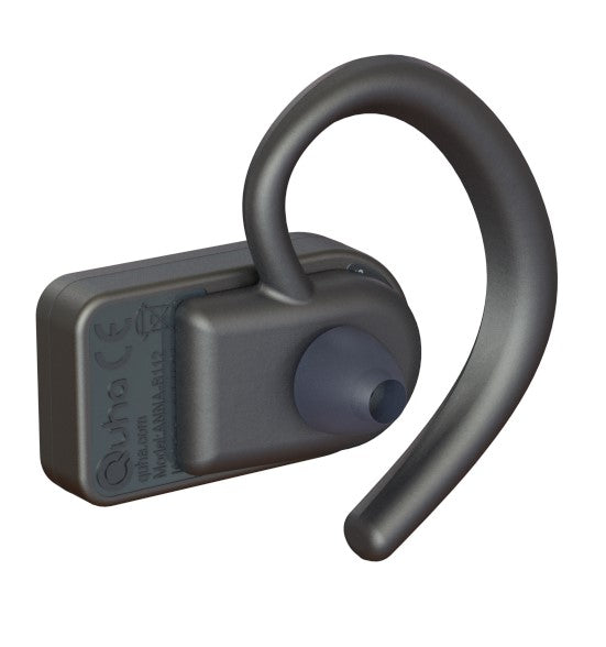 A dark gray wireless earbud with an integrated curved hook earpiece and a small translucent gray silicone tip, shown on a plain white background.