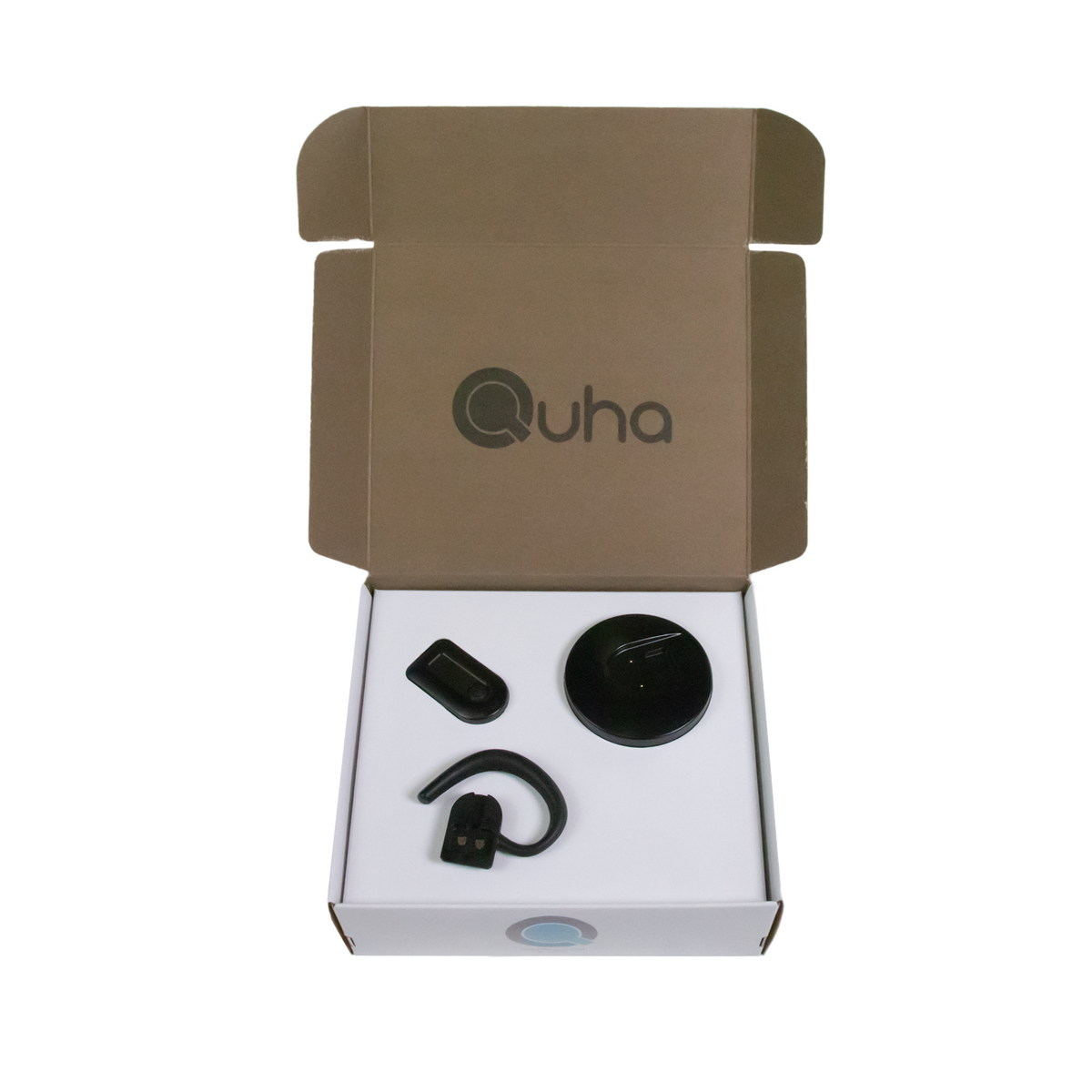 An open brown cardboard box with a white insert, branded with the Uha logo, containing a pair of black wireless ear hooks and a round black accessory on a white background.