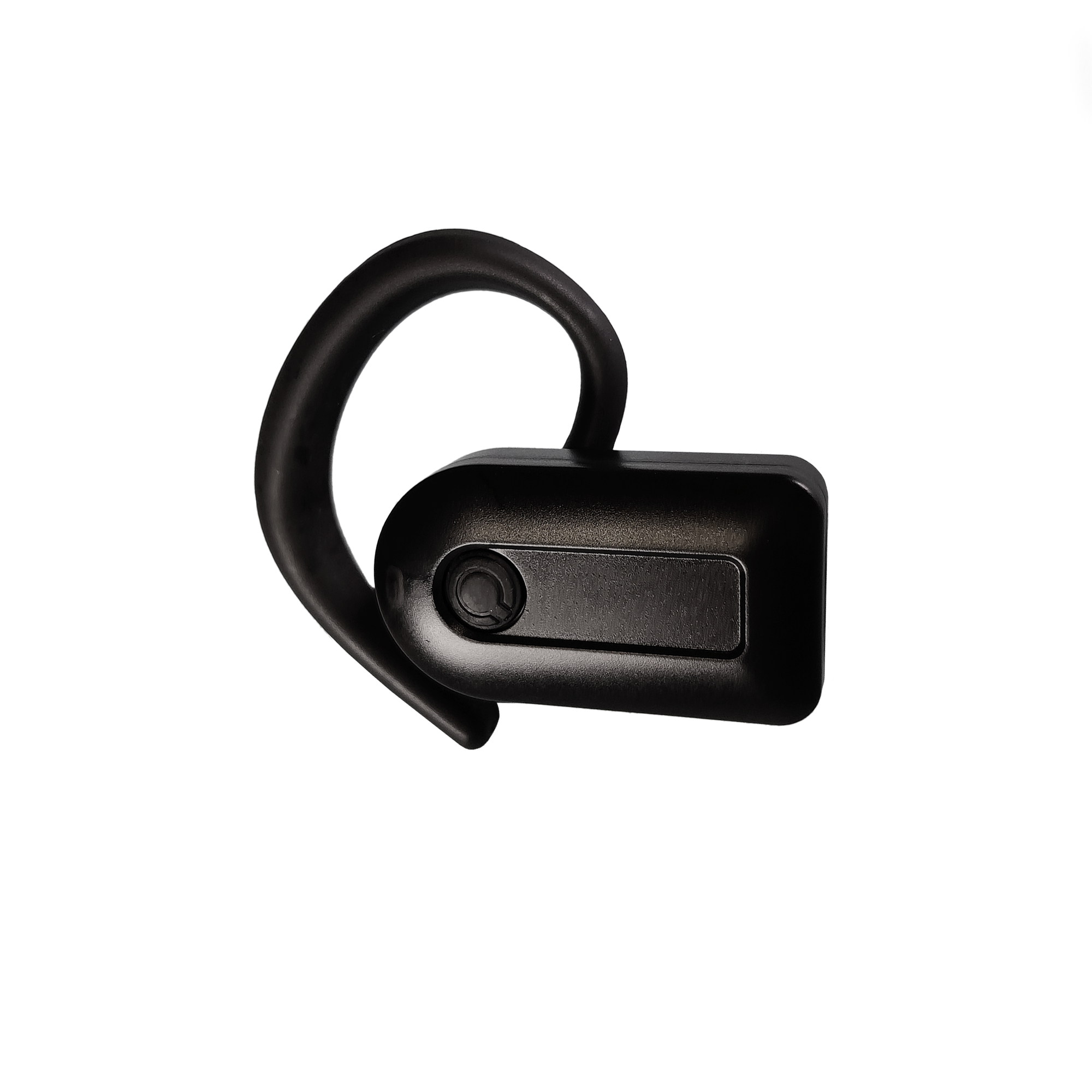 A single black wireless earbud with an over-ear hook design, shown from a side profile on a solid white background.