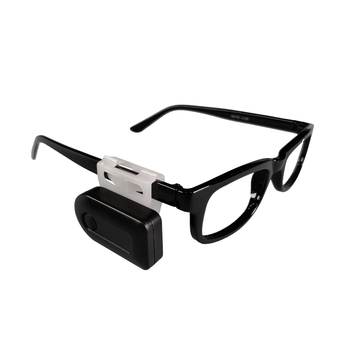 Black rectangular eyeglasses with a mounted black and white electronic device on the left side, shown against a plain white background.