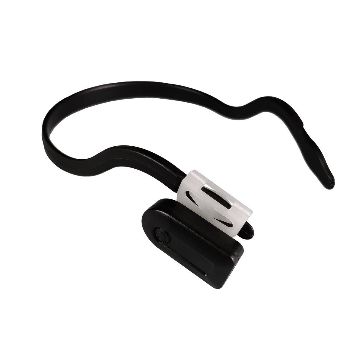 A black over-ear wireless earbud with a curved earhook and a white translucent protective cover on the side, shown against a solid white background.