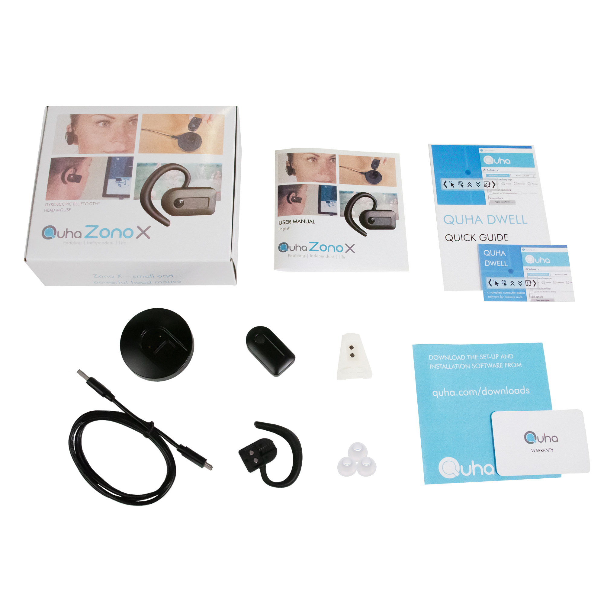 A complete product kit for the Quha Zono X hearing device, including the retail box, user manual, quick guide, software download card, charging cable, receiver, battery, ear tips, and a small card, all arranged on a white background.