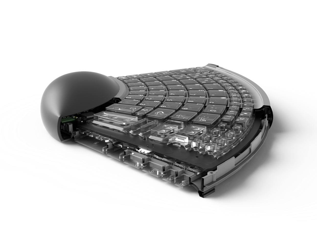 A futuristic curved ergonomic keyboard with a transparent cutaway design, showcasing its internal mechanical switches and circuitry, set against a clean white background.